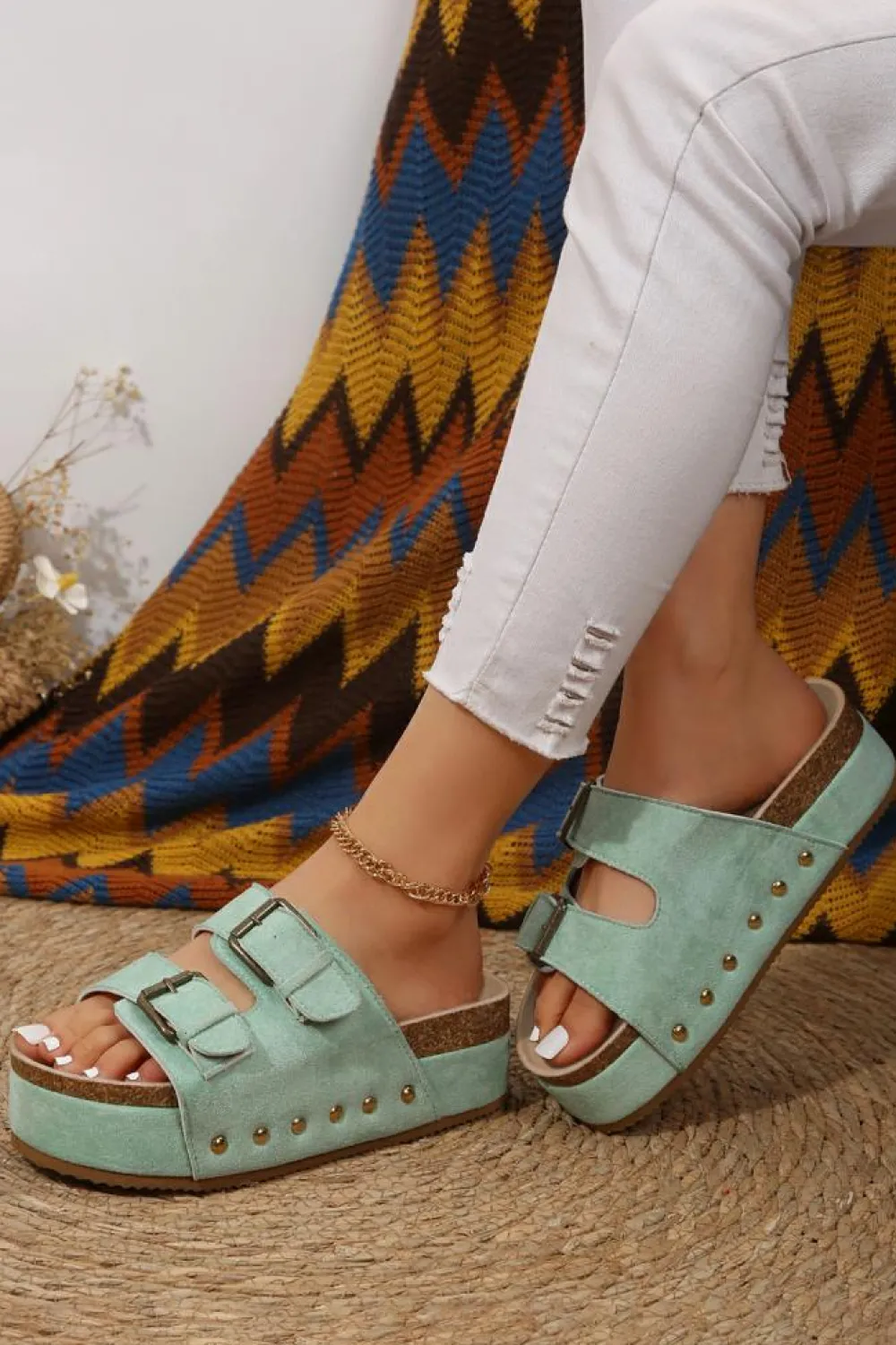 Hot Dear-Lover Suede Buckle Decor Footbed Sandal Slippers Light Blue