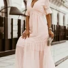 Clearance Dear-Lover Swiss Dot Lace Trim Maxi Dress Pink