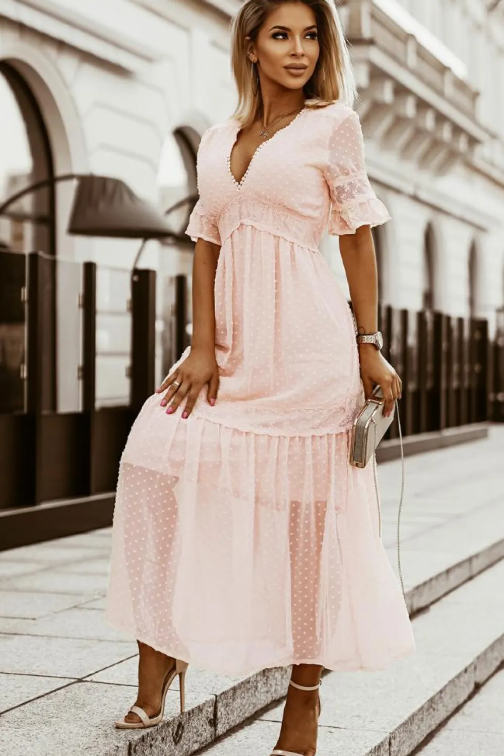 Clearance Dear-Lover Swiss Dot Lace Trim Maxi Dress Pink