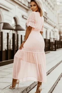 Clearance Dear-Lover Swiss Dot Lace Trim Maxi Dress Pink