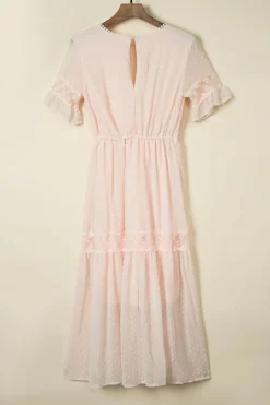 Clearance Dear-Lover Swiss Dot Lace Trim Maxi Dress Pink