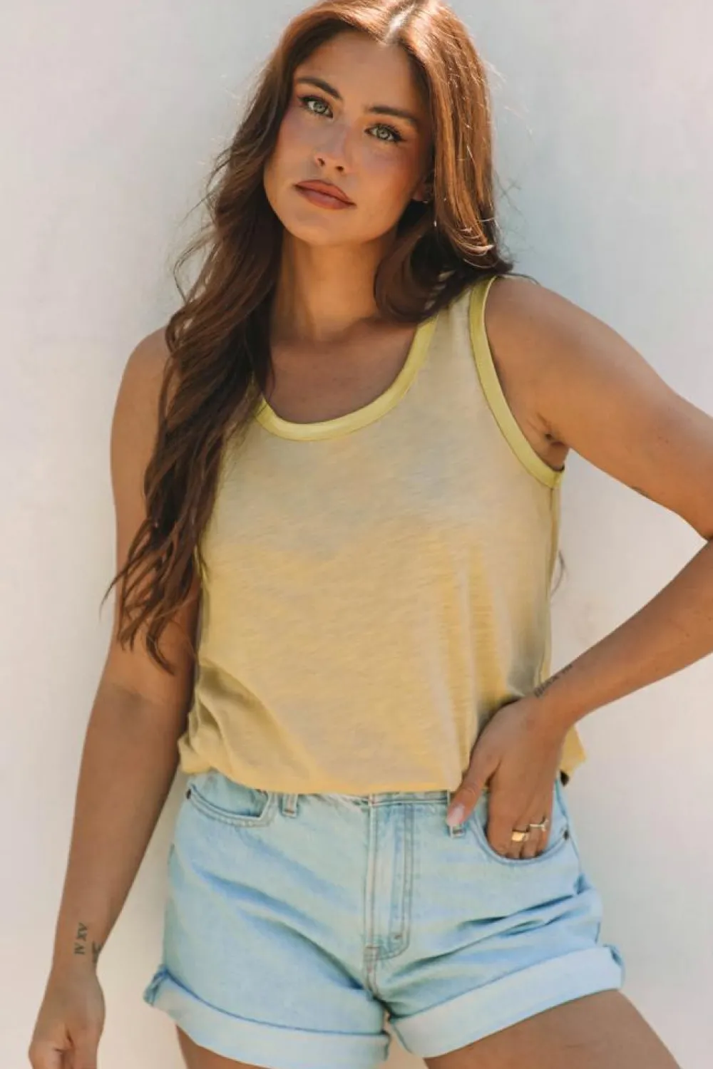 New Dear-Lover Metallic Sheen Edge Scoop Neck k Top Tan