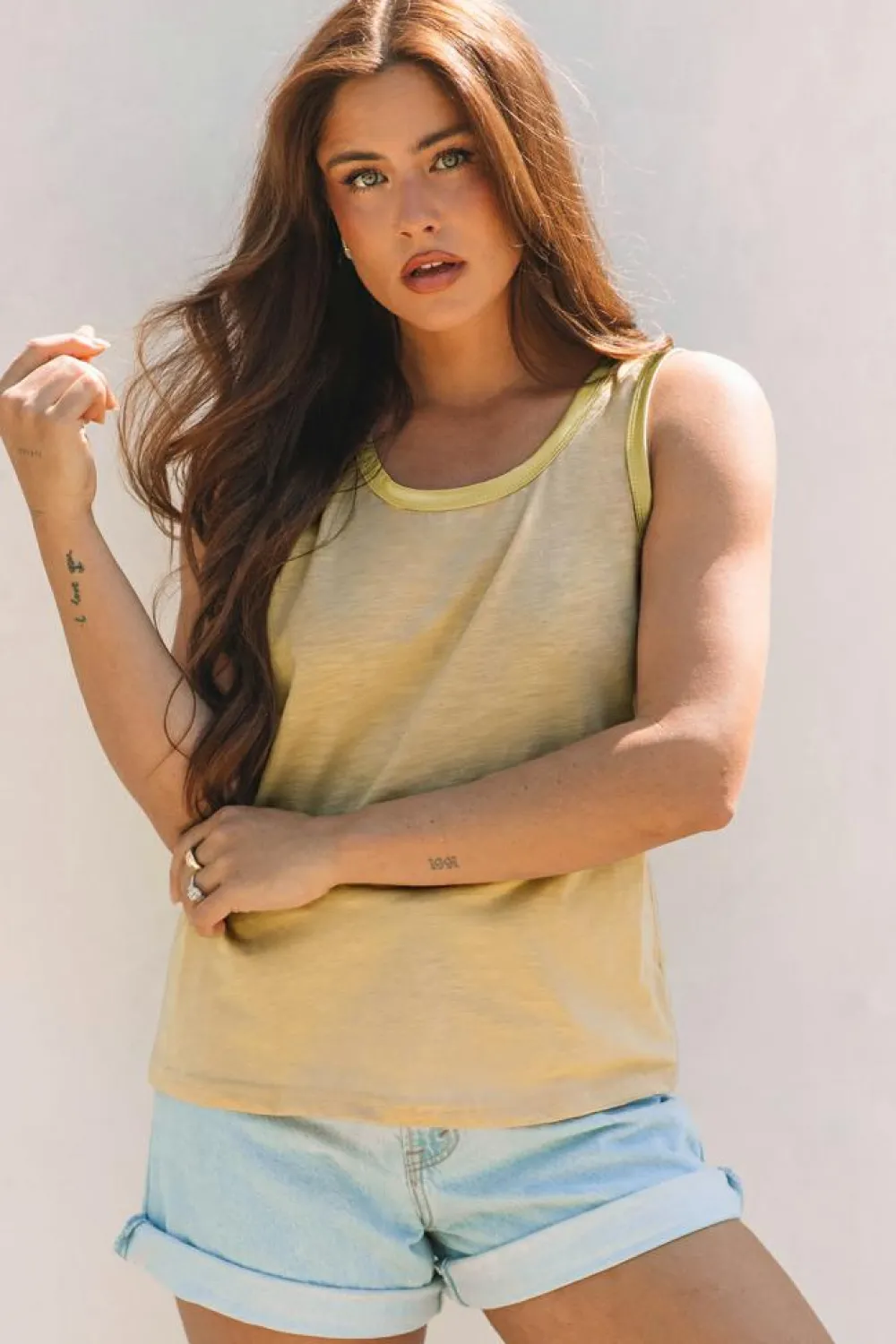 New Dear-Lover Metallic Sheen Edge Scoop Neck k Top Tan