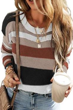 Best Dear-Lover Taupe Classic Round Neck Colorblock Knit Sweater Simply Taupe