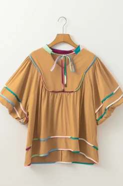 Best Dear-Lover Colorful Trim Wide Short Sleeve V Neck Blouse Thai Curry
