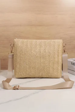 New Dear-Lover Leather Pocket Patchwork Straw Woven Shoulder Bag Thai Curry