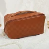 Hot Dear-Lover PU Leather Checkered Large Makeup Bag with Handle Thai Curry