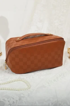 Hot Dear-Lover PU Leather Checkered Large Makeup Bag with Handle Thai Curry