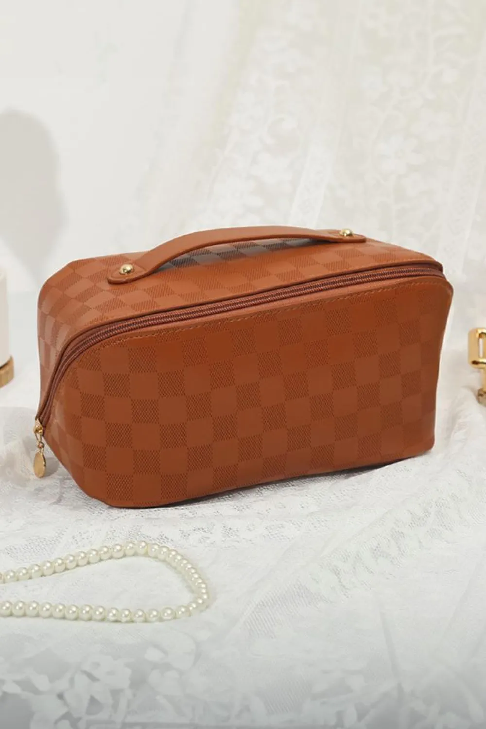 Hot Dear-Lover PU Leather Checkered Large Makeup Bag with Handle Thai Curry