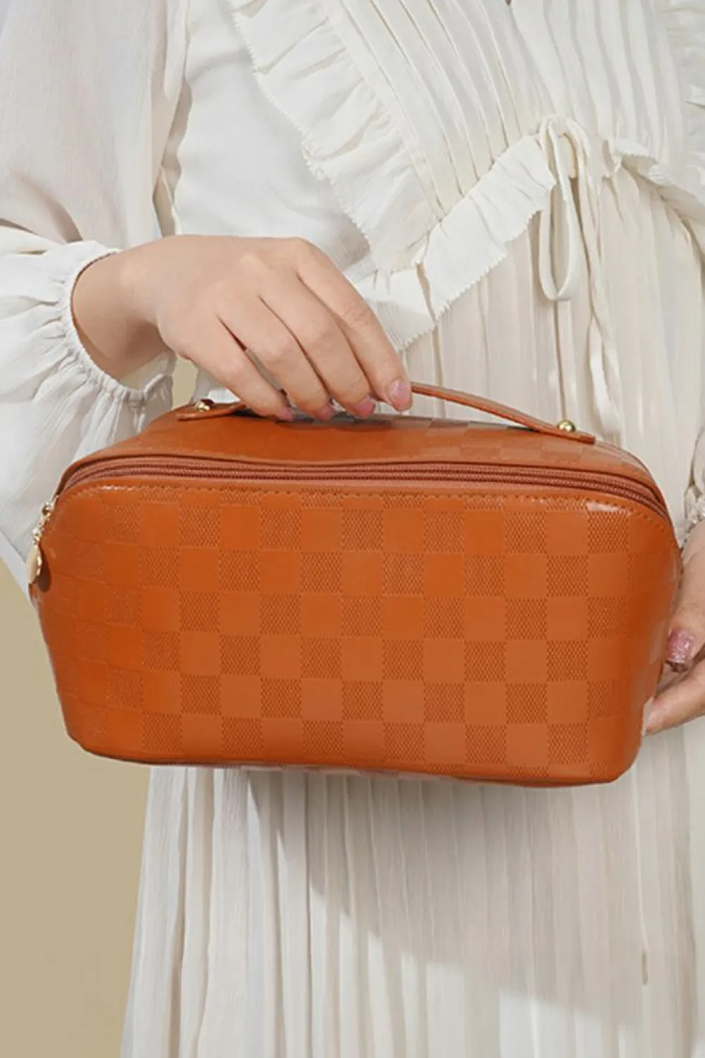 Hot Dear-Lover PU Leather Checkered Large Makeup Bag with Handle Thai Curry
