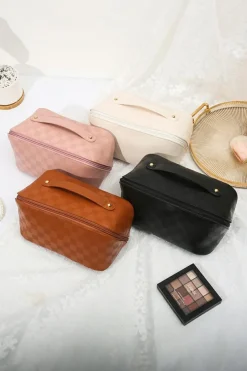 Hot Dear-Lover PU Leather Checkered Large Makeup Bag with Handle Thai Curry