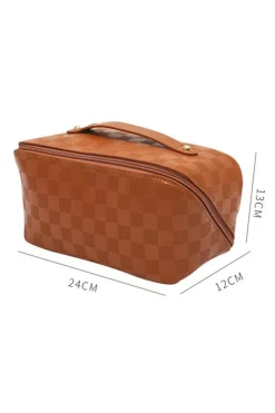 Hot Dear-Lover PU Leather Checkered Large Makeup Bag with Handle Thai Curry