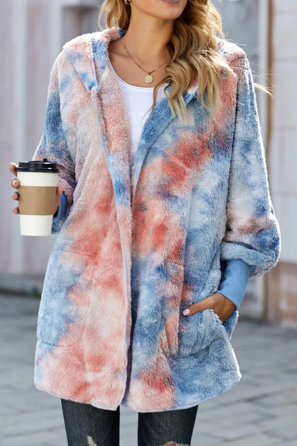 Clearance Dear-Lover Tie Dye Soft Fleece Hooded Open Front Coat Orange
