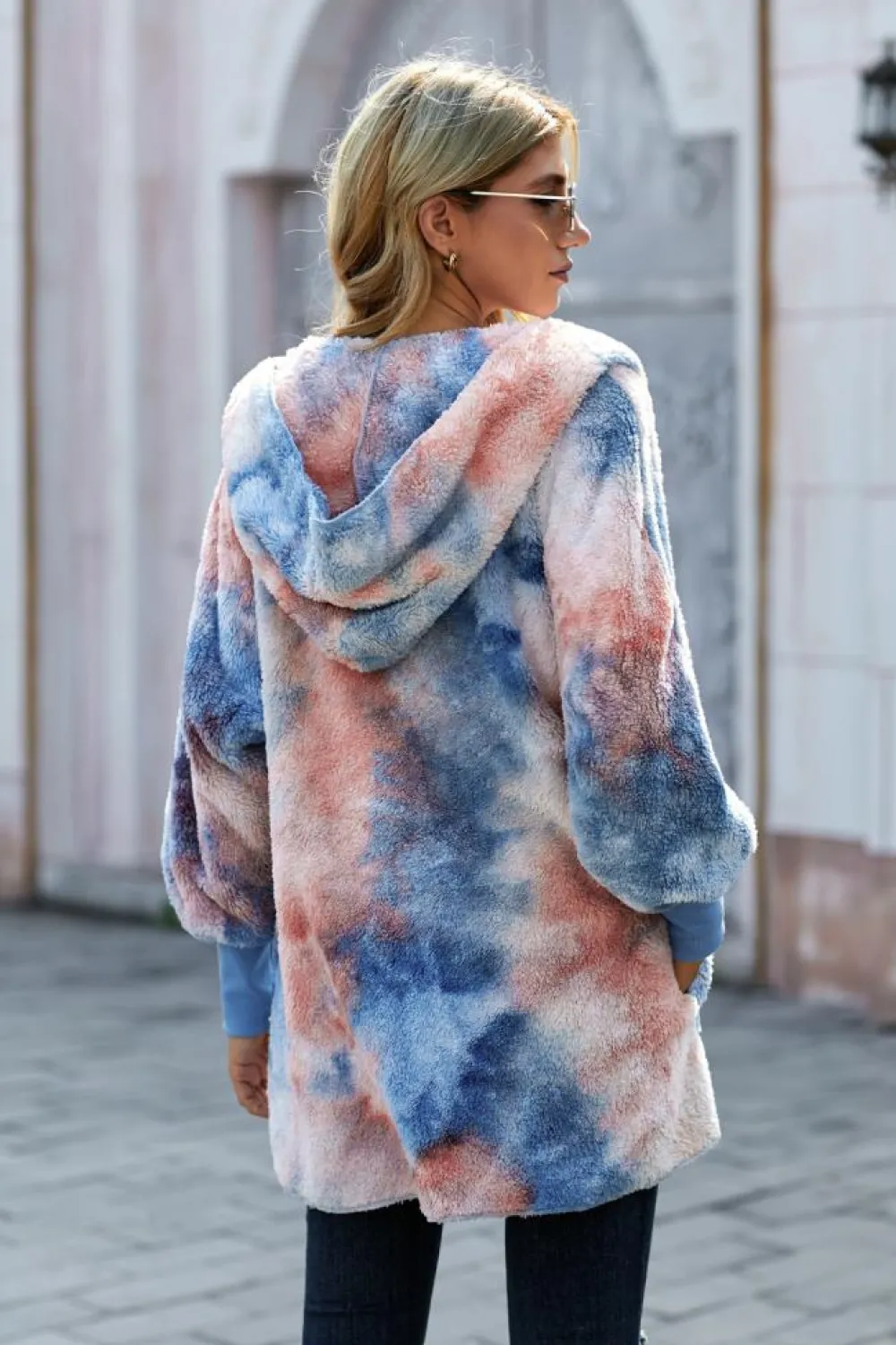 Clearance Dear-Lover Tie Dye Soft Fleece Hooded Open Front Coat Orange