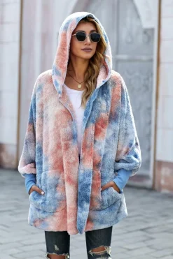 Clearance Dear-Lover Tie Dye Soft Fleece Hooded Open Front Coat Orange