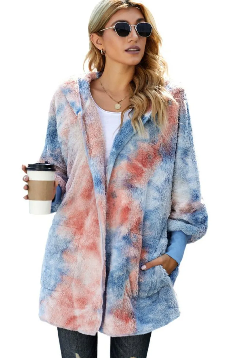 Clearance Dear-Lover Tie Dye Soft Fleece Hooded Open Front Coat Orange