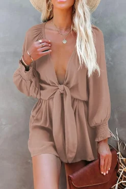 Outlet Dear-Lover Tie Knot Puff Long Sleeve Romper Pink