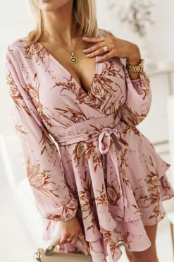 Hot Dear-Lover Tie Waist Layered Ruffle Hem Dotted Print Short Dress Pink-2
