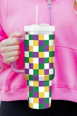 Clearance Dear-Lover Checkered Print Handle Large Vacuum Cup 40OZ Tillandsia Purple