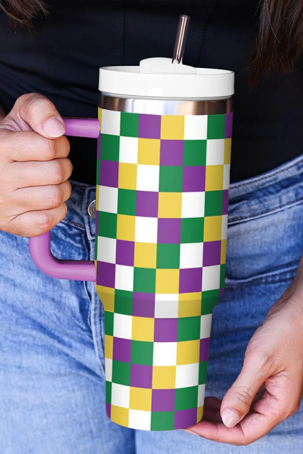 Clearance Dear-Lover Checkered Print Handle Large Vacuum Cup 40OZ Tillandsia Purple