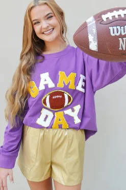 Best Dear-Lover GAME DAY Rugby Chenille Embroidered Pullover Sweatshirt Tillandsia Purple