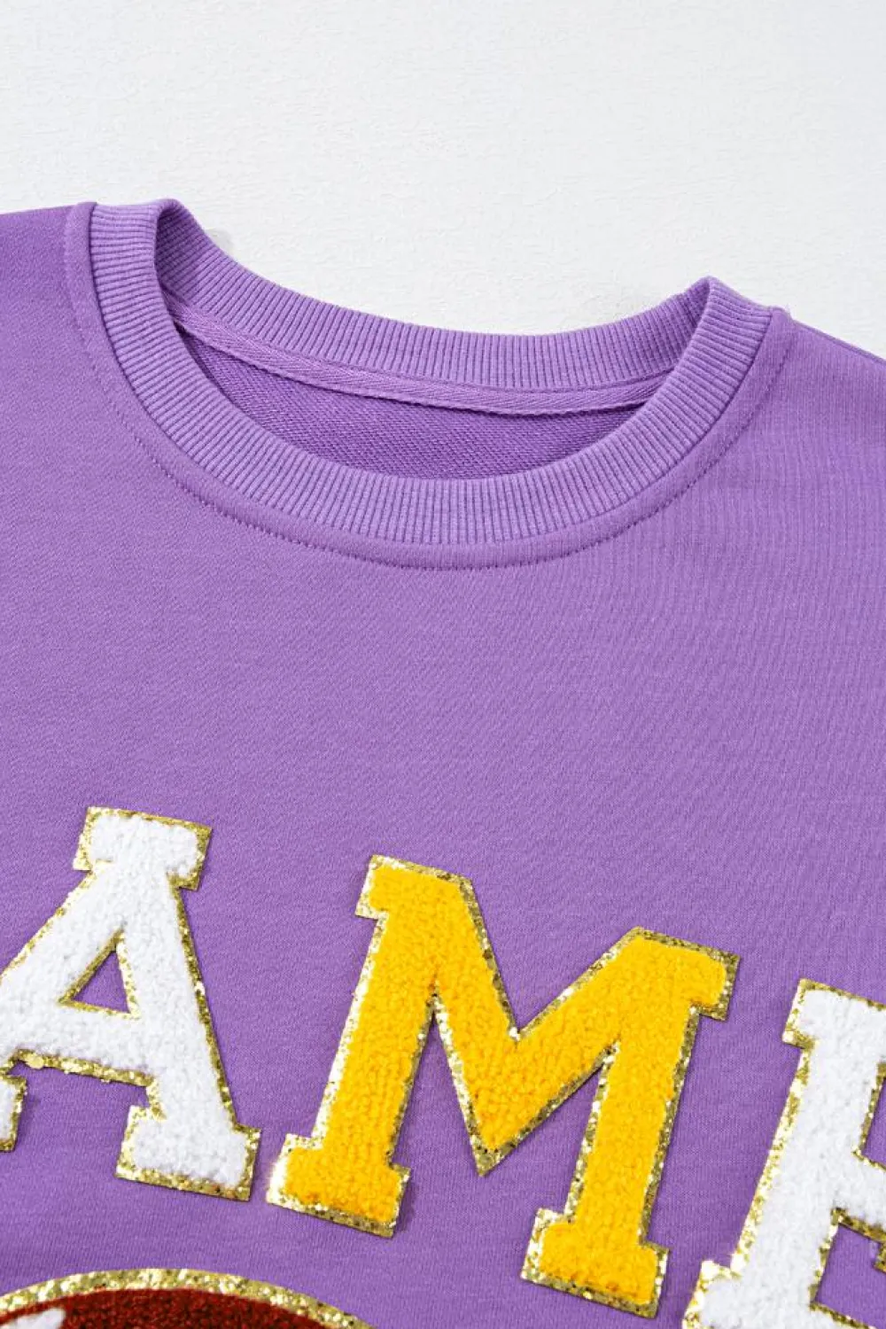 Best Dear-Lover GAME DAY Rugby Chenille Embroidered Pullover Sweatshirt Tillandsia Purple