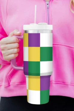 New Dear-Lover Mardi Gras Checkered Print Handle Large Tumbler 40oz Tillandsia Purple