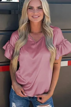 Best Dear-Lover Satin Ruffle Sleeve Top Toadstool