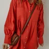 Hot Dear-Lover Bishop Sleeve Button Up Pleated Mini Shirt Dress Tomato Red