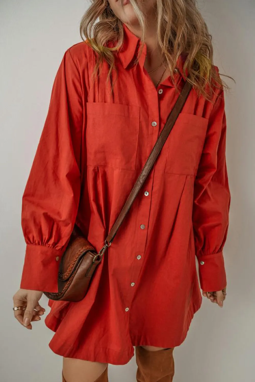 Hot Dear-Lover Bishop Sleeve Button Up Pleated Mini Shirt Dress Tomato Red