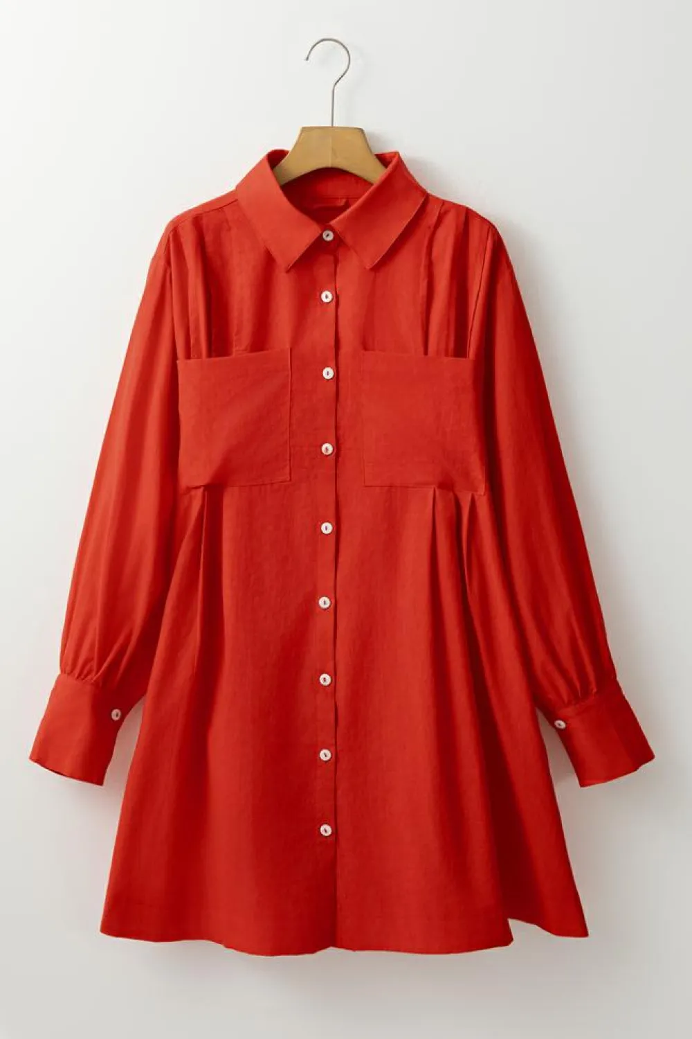 Hot Dear-Lover Bishop Sleeve Button Up Pleated Mini Shirt Dress Tomato Red