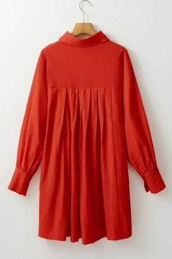 Hot Dear-Lover Bishop Sleeve Button Up Pleated Mini Shirt Dress Tomato Red