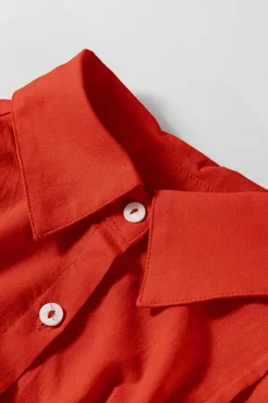 Hot Dear-Lover Bishop Sleeve Button Up Pleated Mini Shirt Dress Tomato Red
