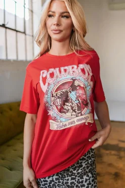 Outlet Dear-Lover COWBOY Take Me Away Graphic Western Loose Tee Tomato Red