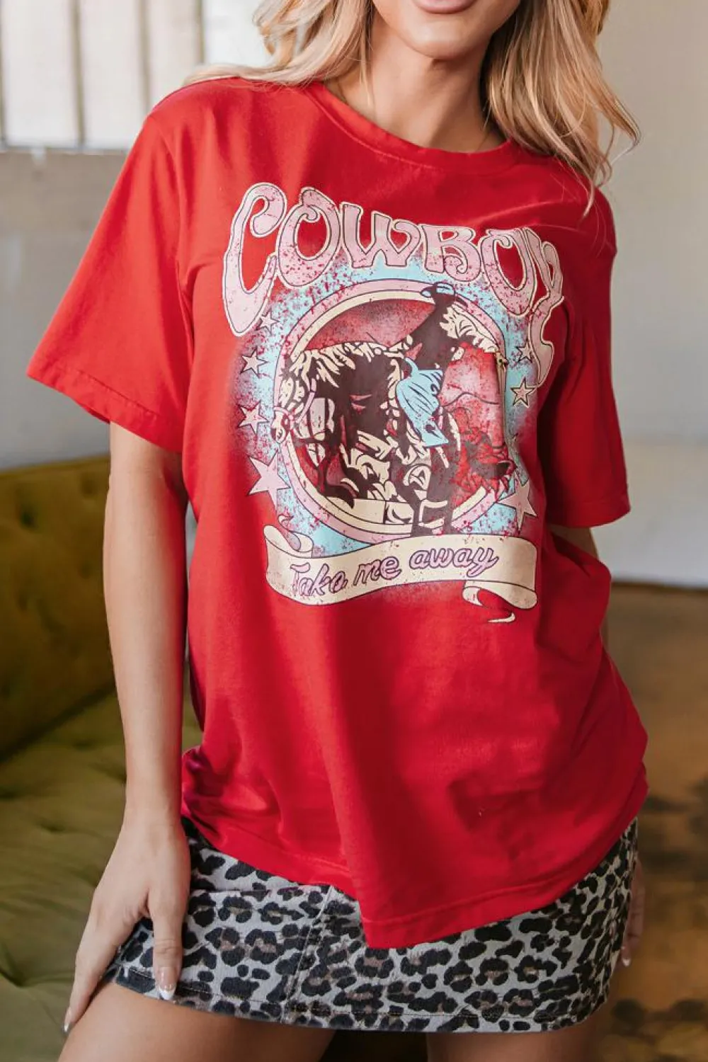 Outlet Dear-Lover COWBOY Take Me Away Graphic Western Loose Tee Tomato Red