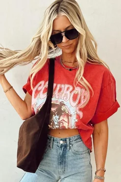 Outlet Dear-Lover COWBOY Take Me Away Graphic Western Loose Tee Tomato Red