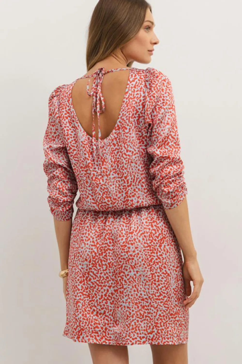 New Dear-Lover Leopard Print Long Sleeve Hollowed Back Split Mini Dress Tomato Red