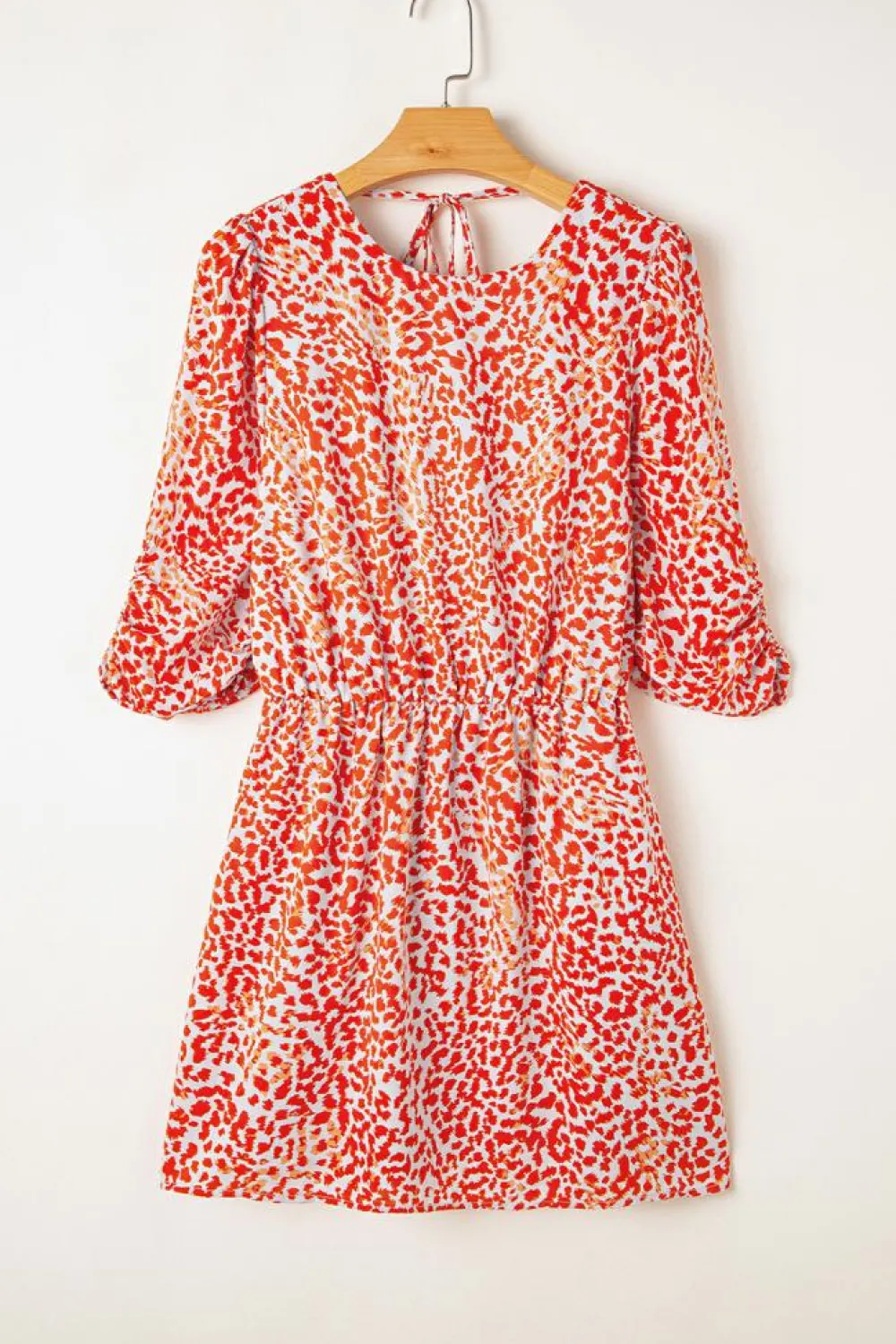 New Dear-Lover Leopard Print Long Sleeve Hollowed Back Split Mini Dress Tomato Red