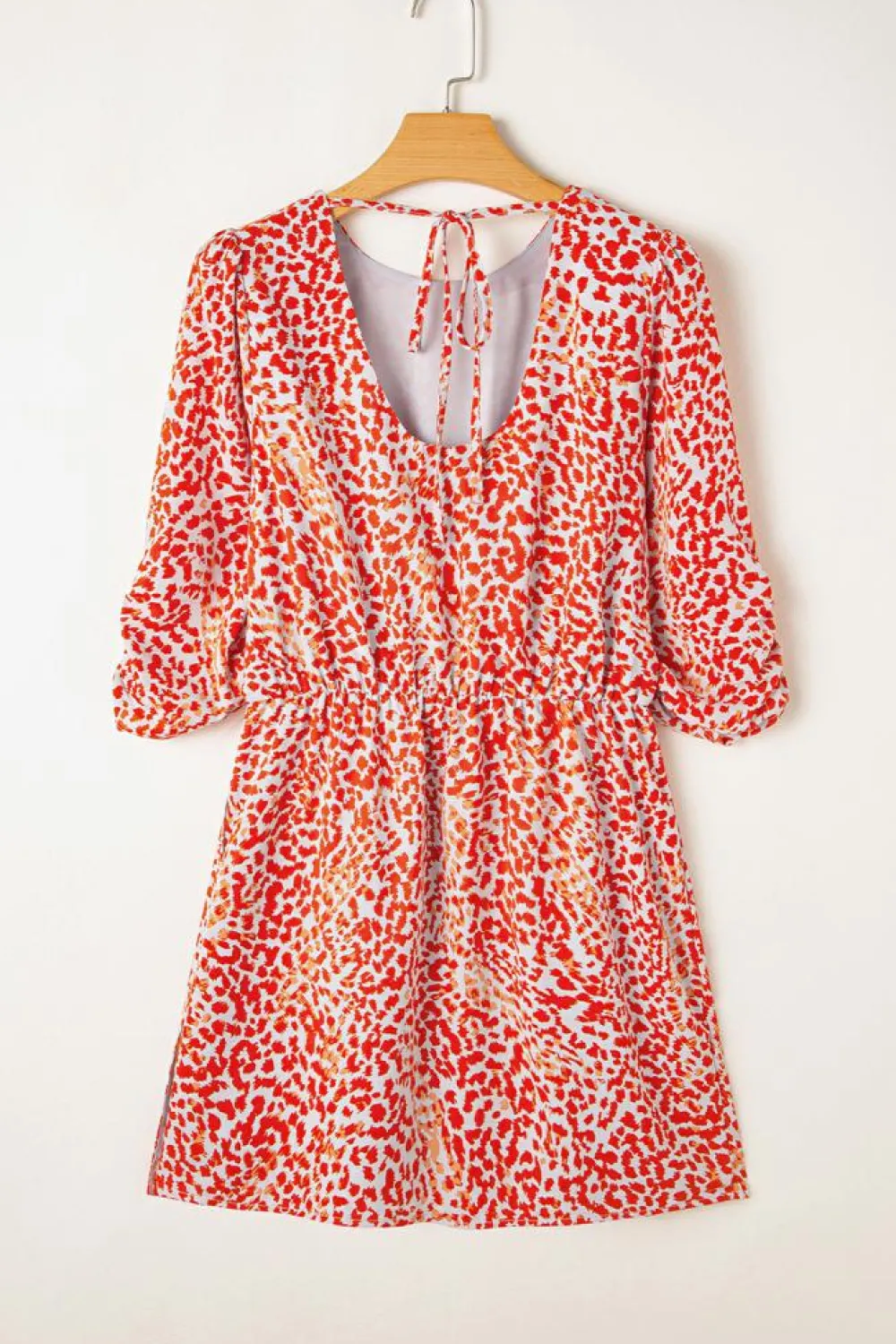 New Dear-Lover Leopard Print Long Sleeve Hollowed Back Split Mini Dress Tomato Red