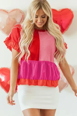 Hot Dear-Lover Mix Knitted Patchwork Ruffle Trim Loose Sweater Tomato Red