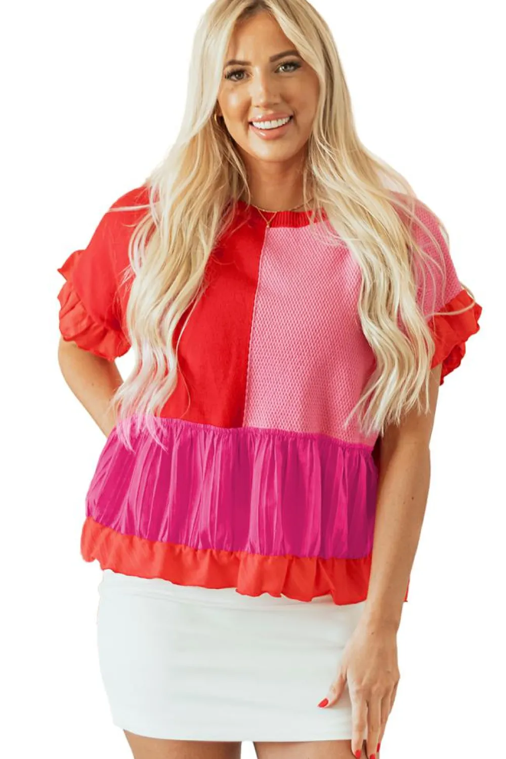 Hot Dear-Lover Mix Knitted Patchwork Ruffle Trim Loose Sweater Tomato Red