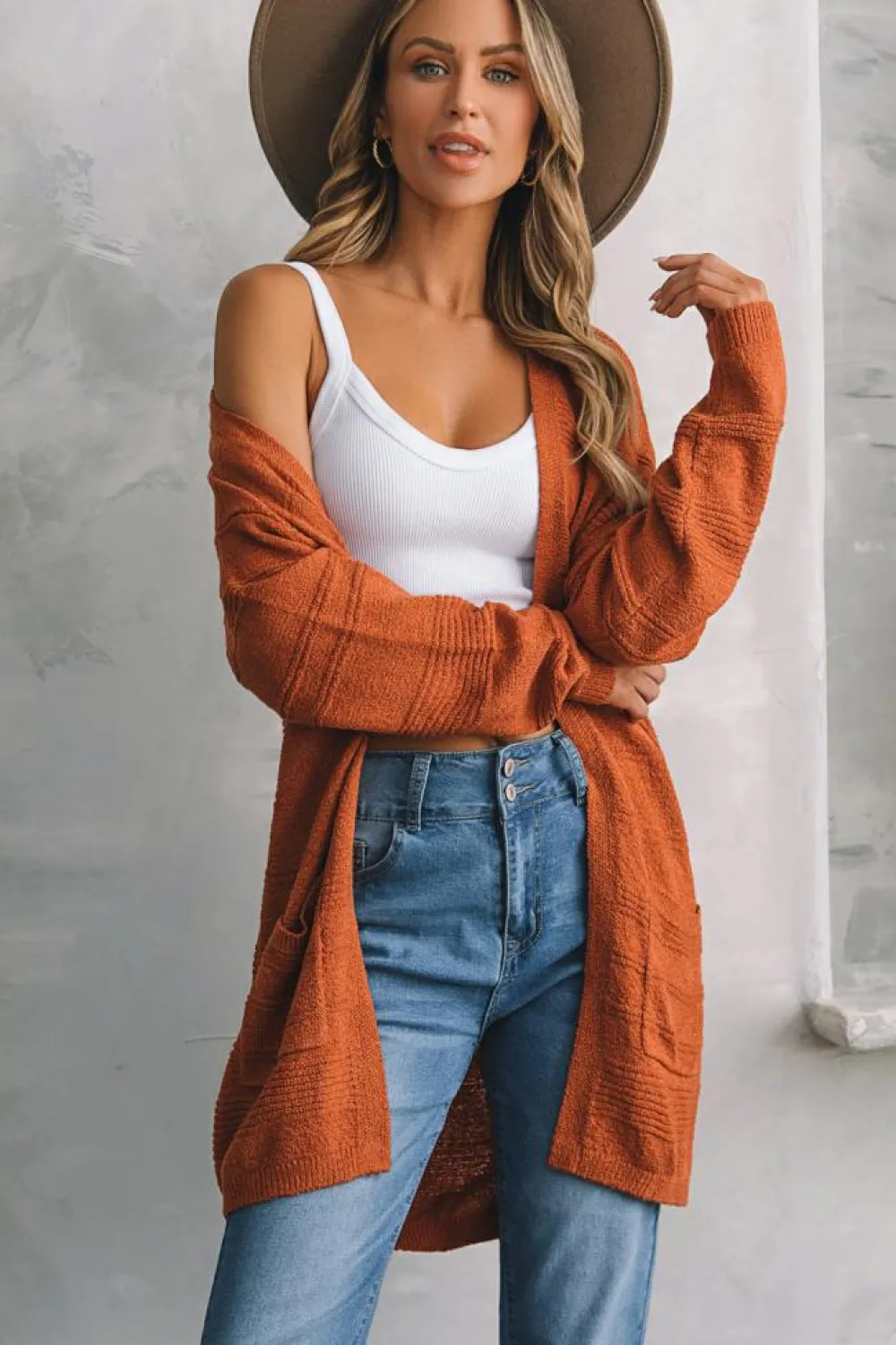 Sale Dear-Lover Open Front Textured Knit Cardigan with Pockets Tomato Red