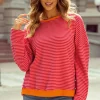 Sale Dear-Lover Two Tone Striped Side Buttons Drop Shoulder Top Tomato Red