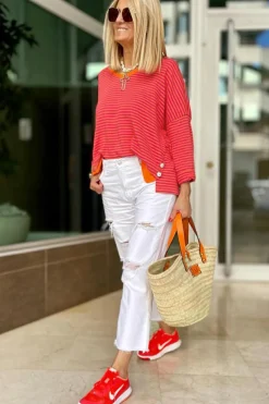 Sale Dear-Lover Two Tone Striped Side Buttons Drop Shoulder Top Tomato Red