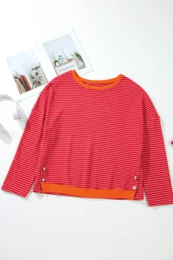 Sale Dear-Lover Two Tone Striped Side Buttons Drop Shoulder Top Tomato Red