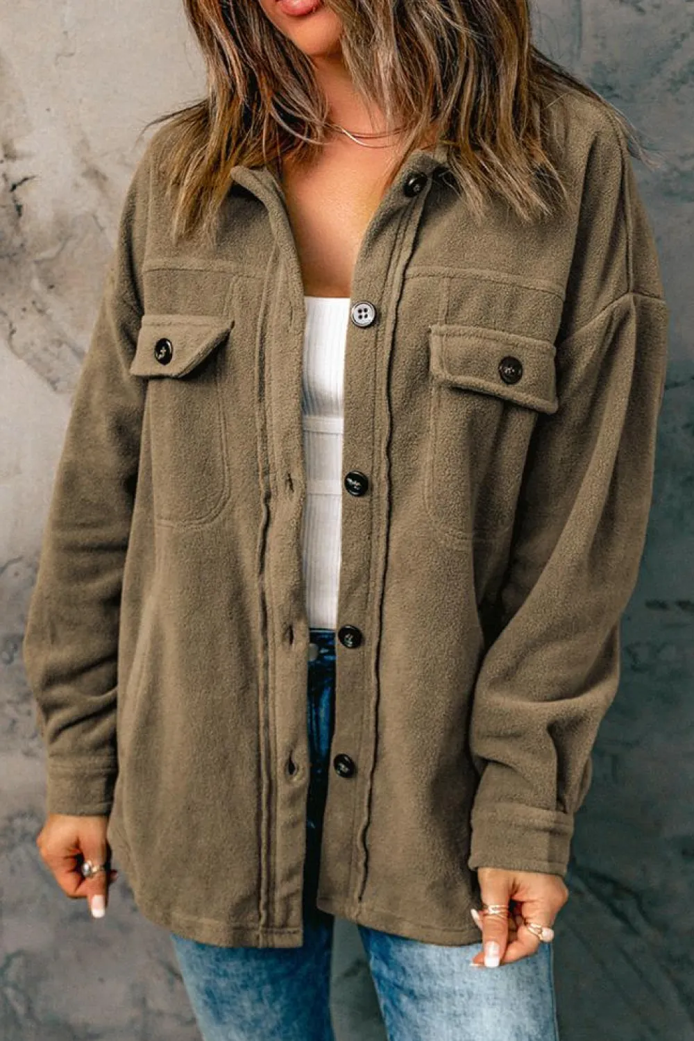 Fashion Dear-Lover Turn Down Collar Buttoned Shirt Jacket Green