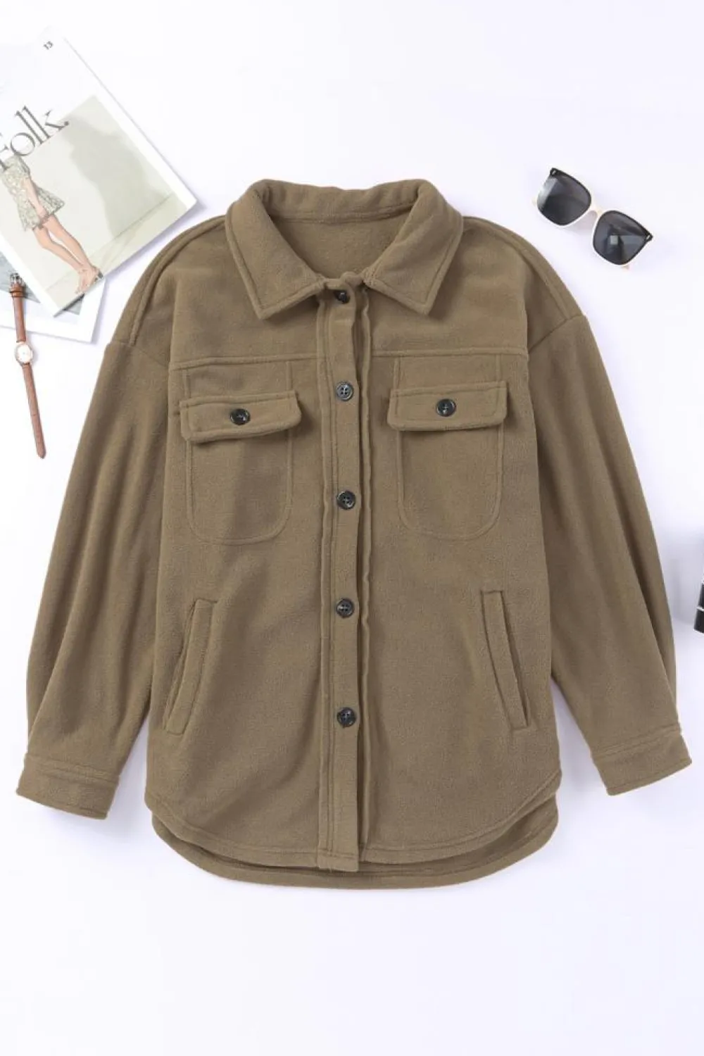 Fashion Dear-Lover Turn Down Collar Buttoned Shirt Jacket Green