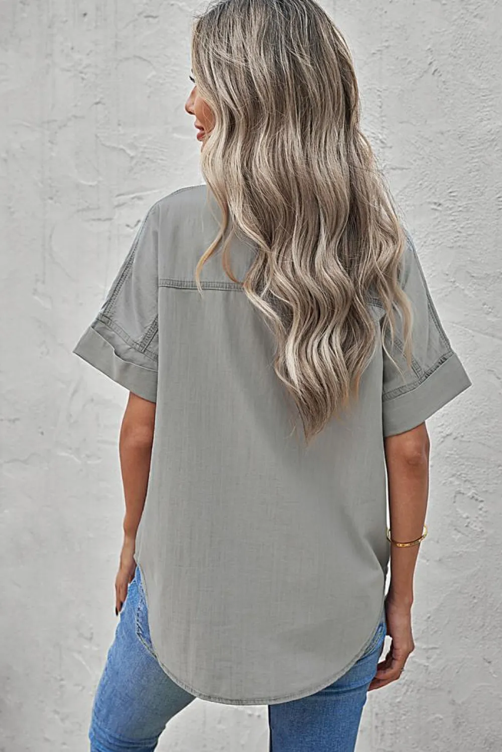 Online Dear-Lover Turn-down Collar Short Sleeve Denim Shirt Black