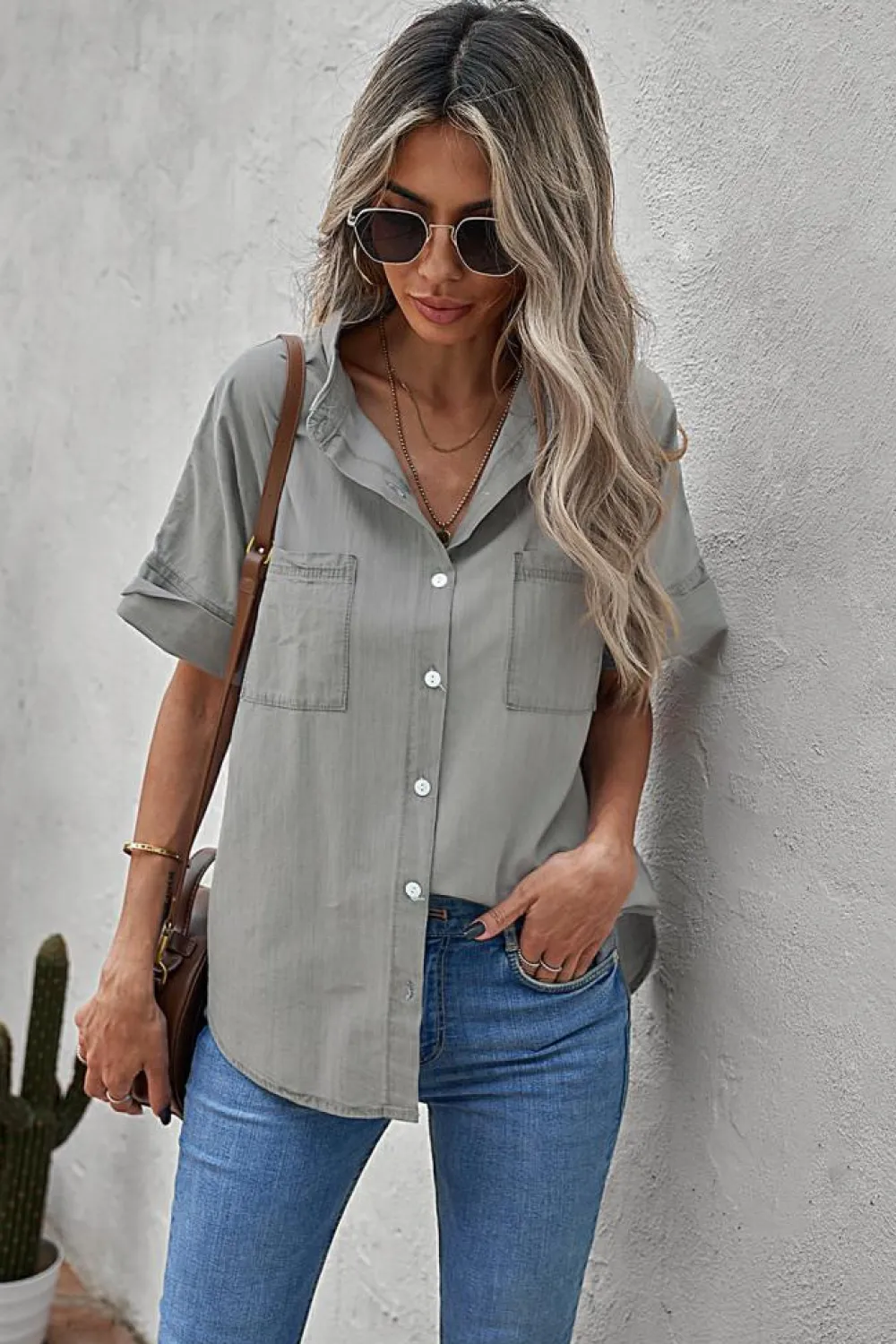 Online Dear-Lover Turn-down Collar Short Sleeve Denim Shirt Black