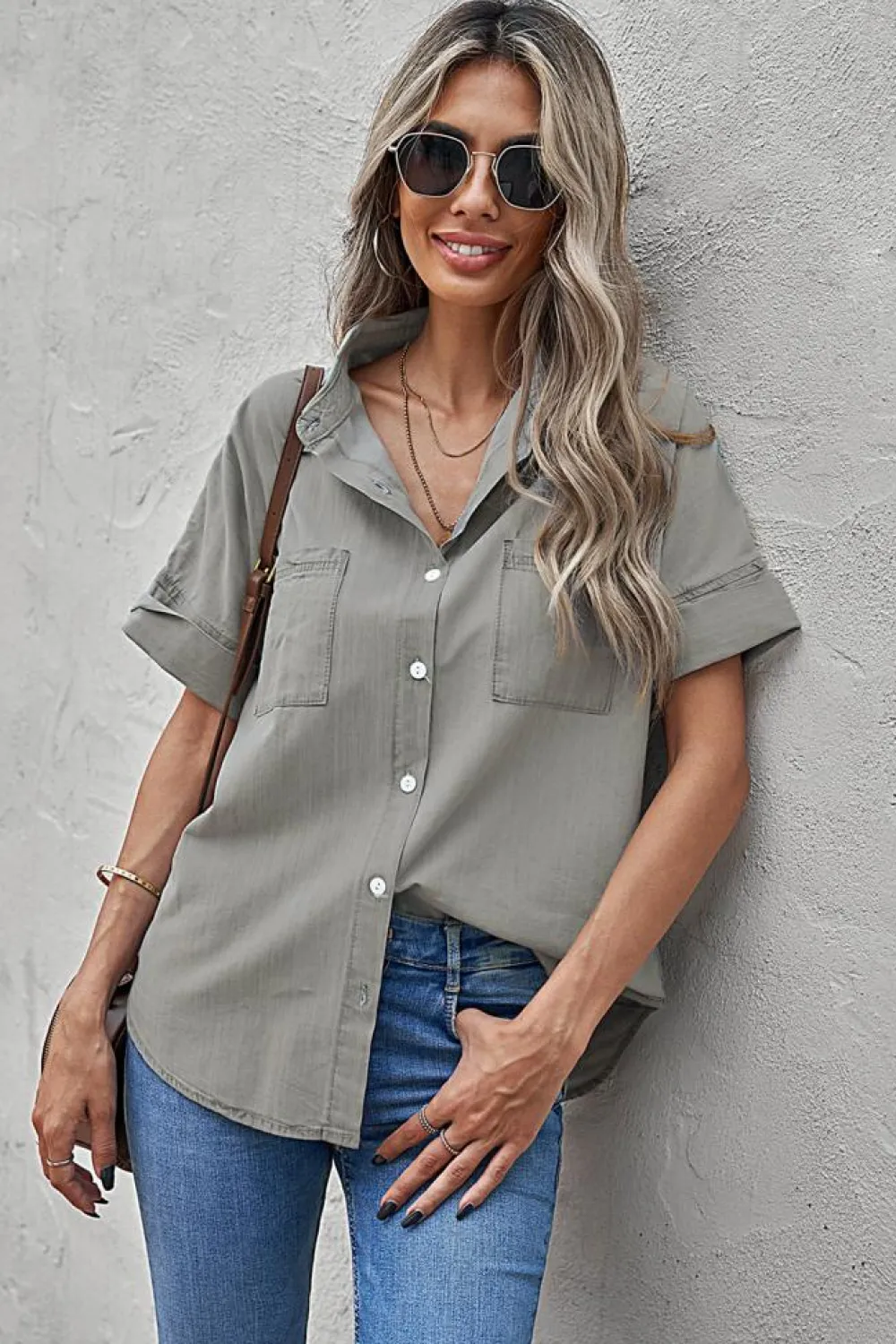 Online Dear-Lover Turn-down Collar Short Sleeve Denim Shirt Black